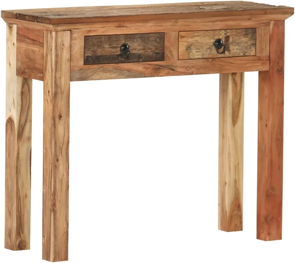 Rectangular Console Table with Solid Acacia Wood and Reclaimed Wood - Rustic Brown Hall Table with 2 Drawers - 35.6"x11.8"x29.5" C57257