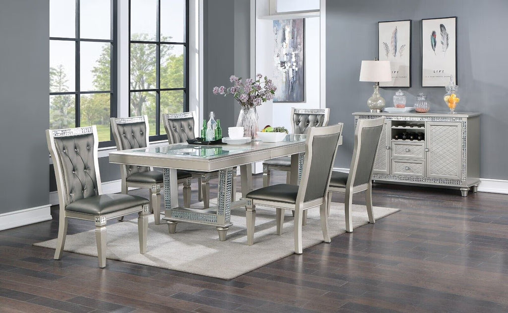 Silver Grey 7pc Dining Table with Glass Insert Top and 6 Side Chairs O88746