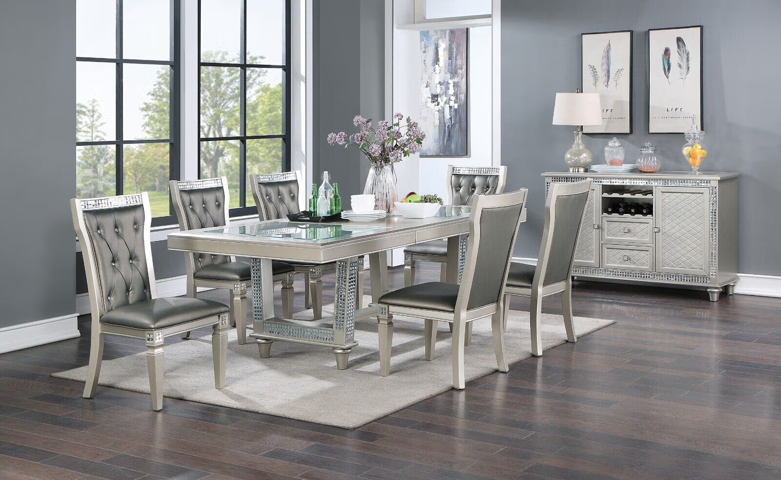 Silver Grey 7pc Dining Table with Glass Insert Top and 6 Side Chairs O88746