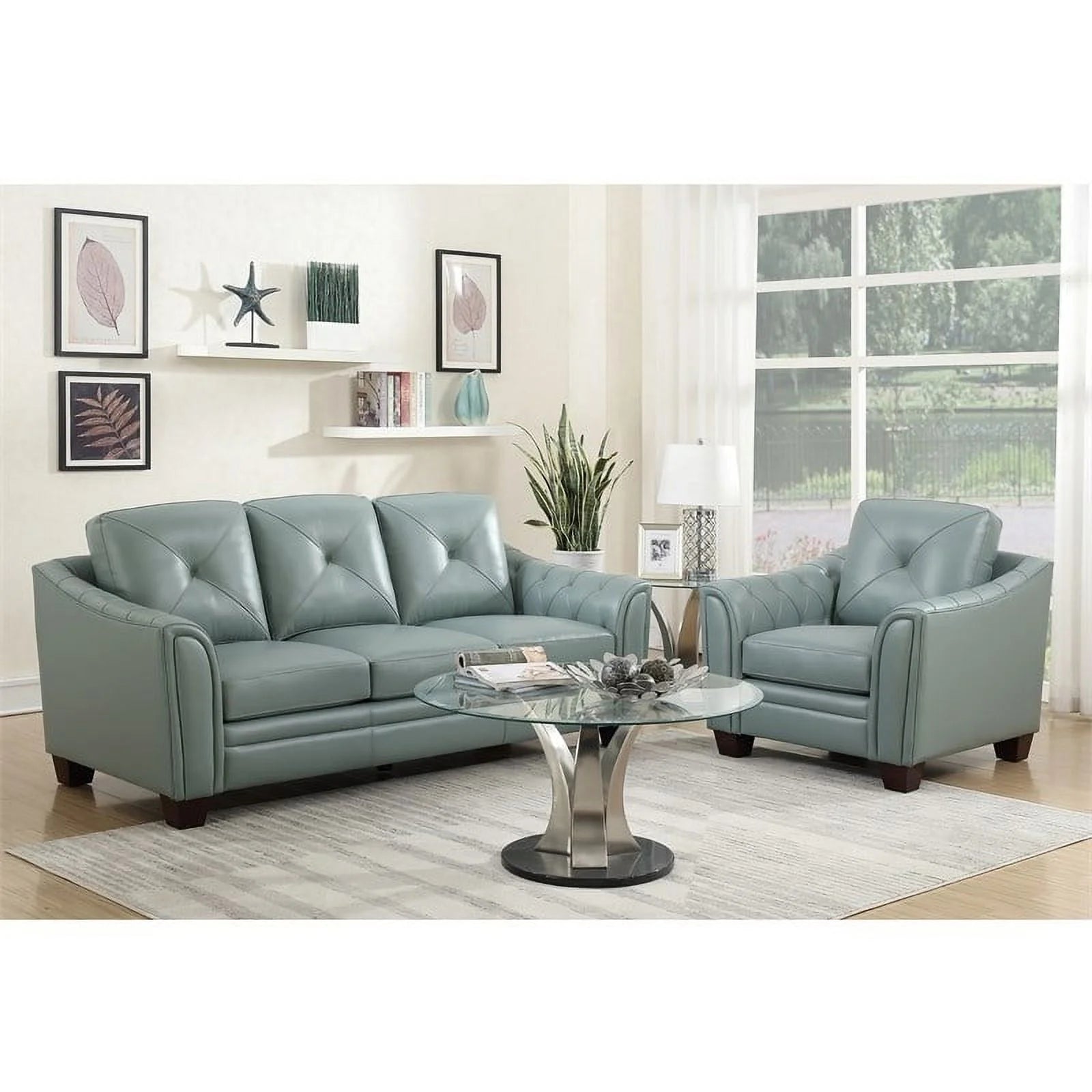 Spa Green Leather Tufted Back Sofa F193