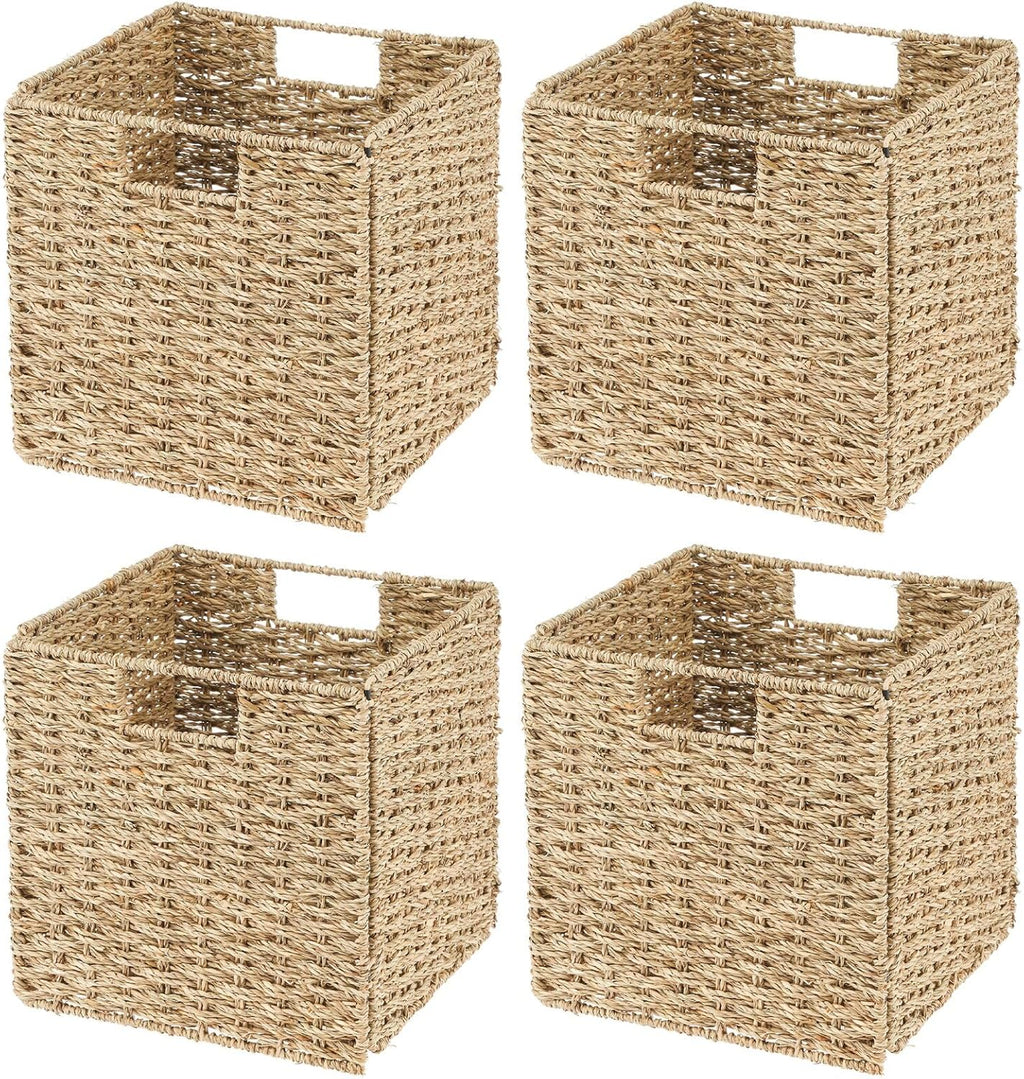 Seagrass Woven Cube Basket Organizer with Handles - 4 Pack - Natural/Tan V530