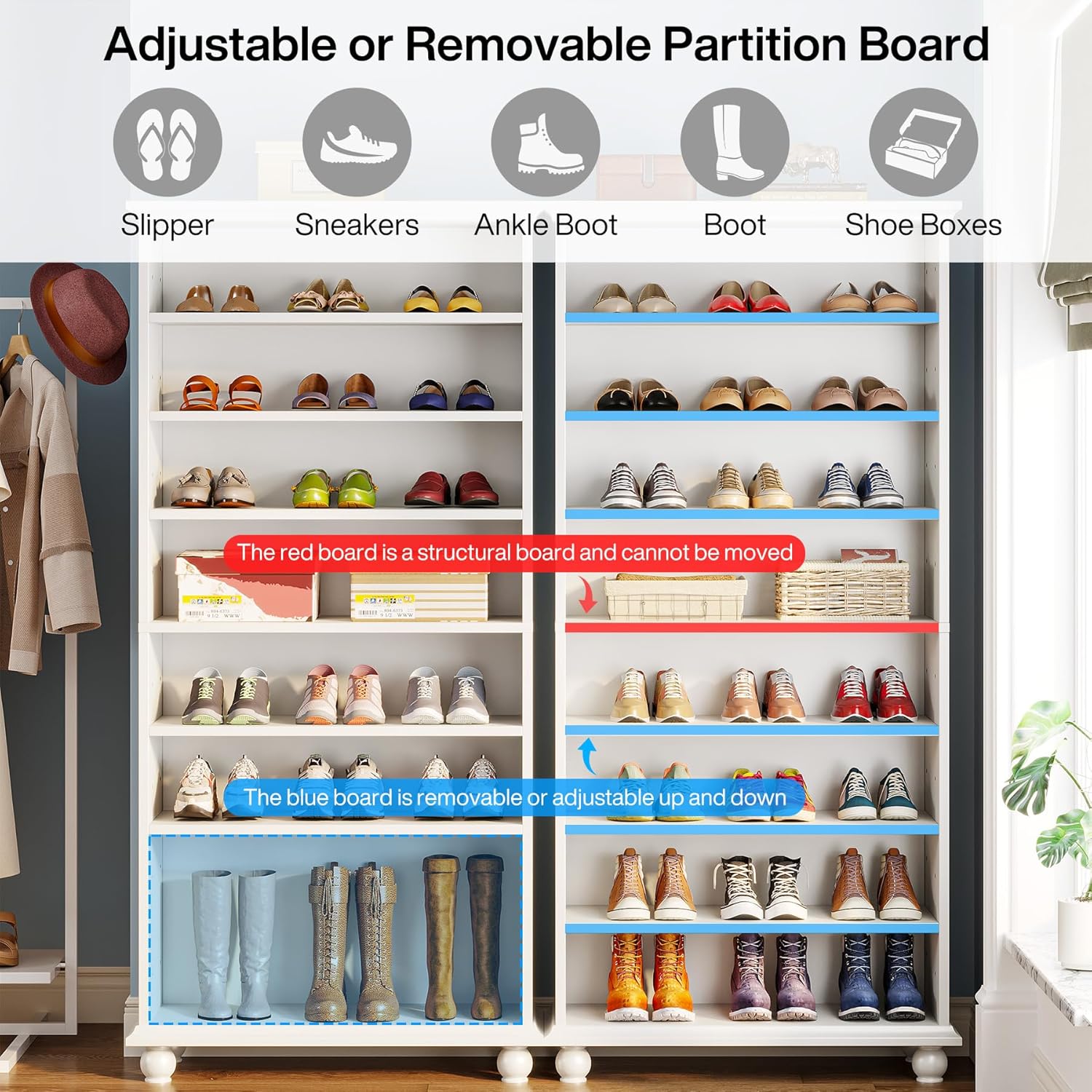 White 9-Tier 30 Pairs Shoe Storage Cabinet with Solid Wood Legs M80643