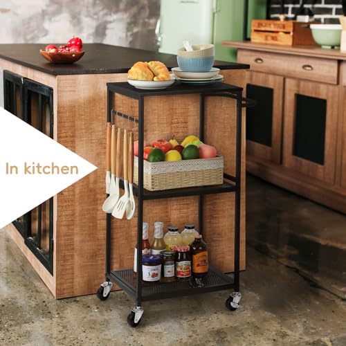 3 Tier Mesh Utility Storage Cart with Wood Look Top and Metal Frame K890054