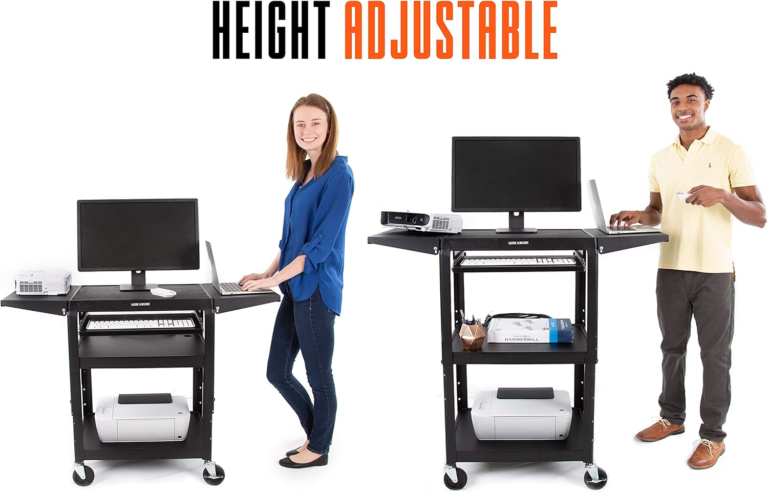 Black Height Adjustable Utility Cart with Drop Leaf Shelves and Pullout Laptop Tray W935493