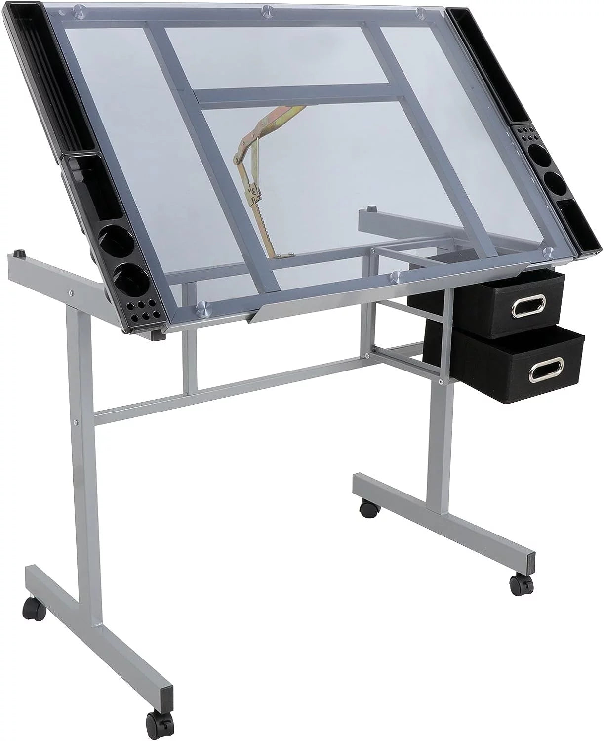 Adjustable Glass Tabletop Drawing Desk with 2 Slide Drawers and Wheels Z519611