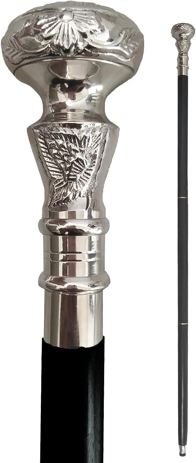 Black Shaft Silver Brass Handle Wooden Walking Cane L480287
