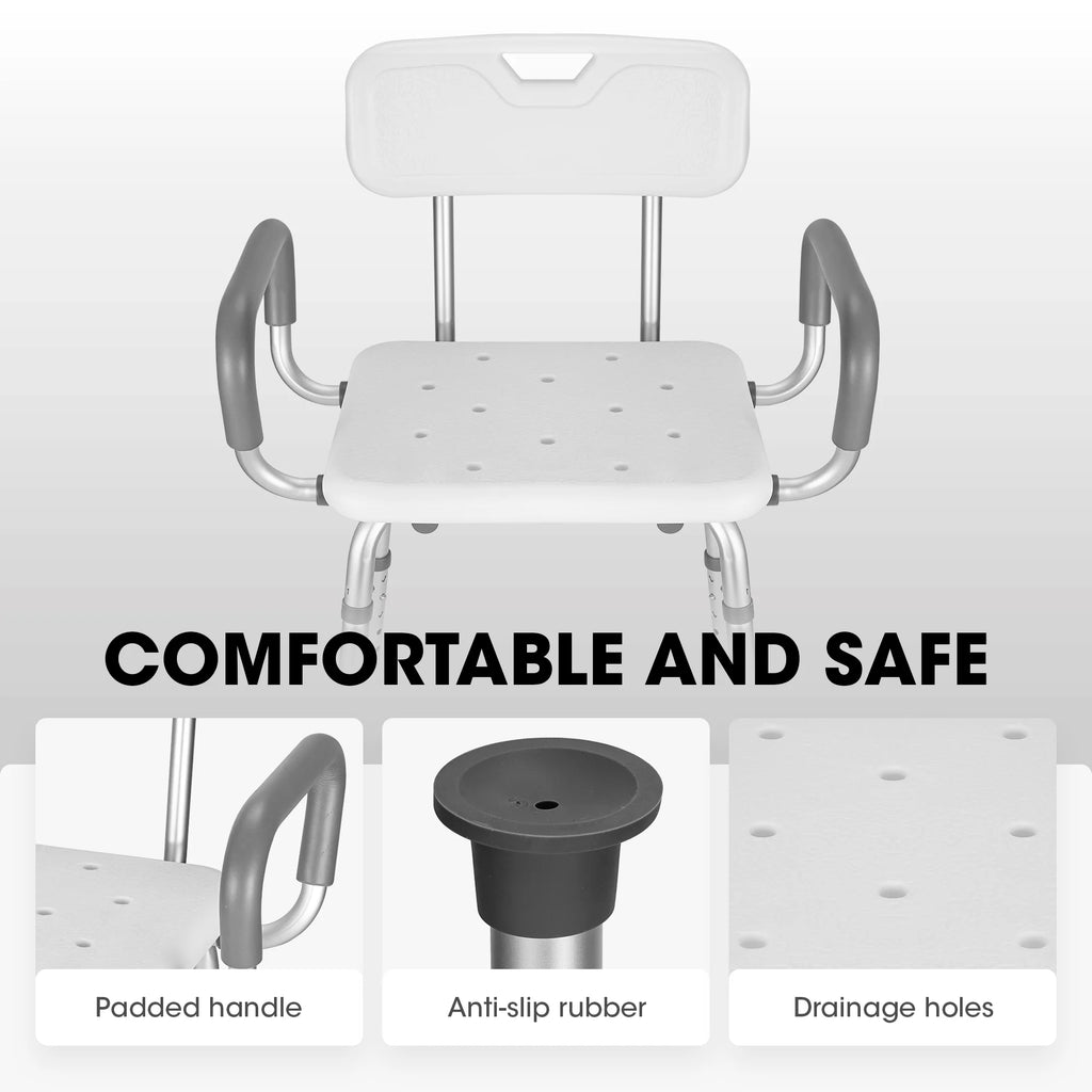 Shower Chair with Back and Padded Armrests, 6 Levels Adjustable Height W4240