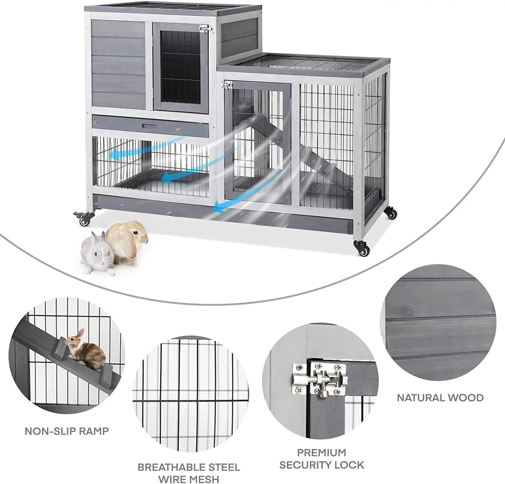 43 Inch Wood Rabbit Hutch with Wheel and 2 No Leak Tray E299935