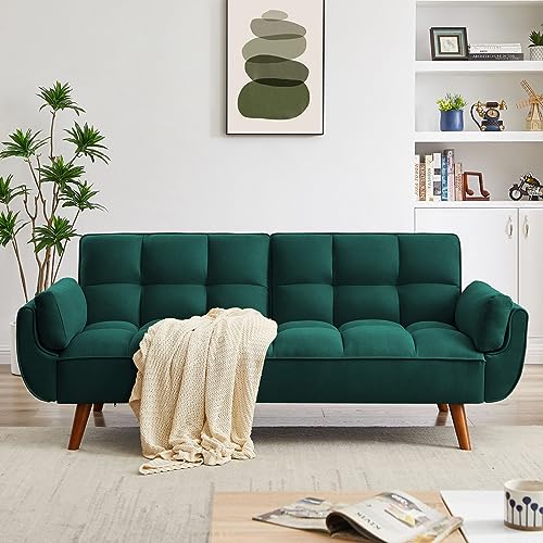 76 Inch Tufted Linen Fabric Convertible Sleeper Sofa with Adjustable Positions and Solid Wooden Legs, Yellow E66757