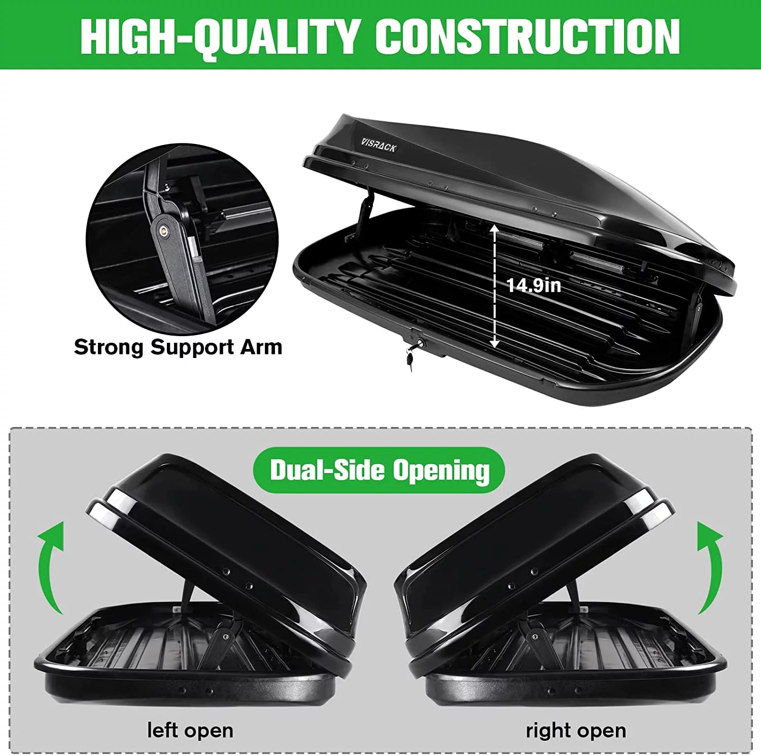 Large Hard Shell Rooftop Cargo Box, 62 x 31 x 15 Inches, 15 Cubic Feet, Black A868