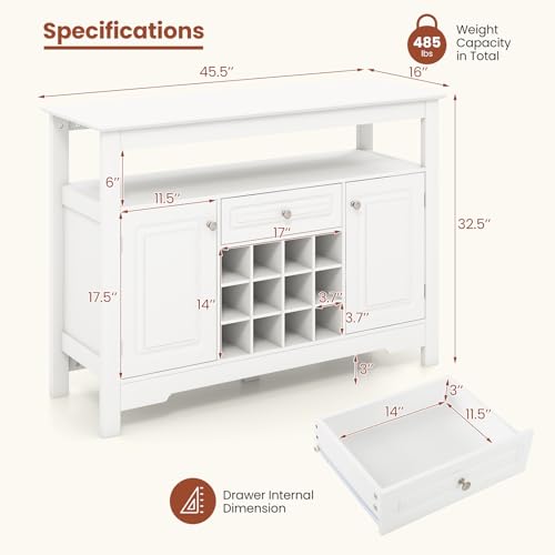 White Bar Cabinet with 12-Bottle Removable Wine Rack, 2 Doors & Drawer S925