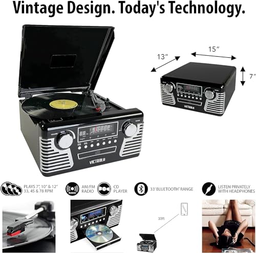 Black 3-Speed Turntable with CD Player, AM/FM Radio, Bluetooth P515544