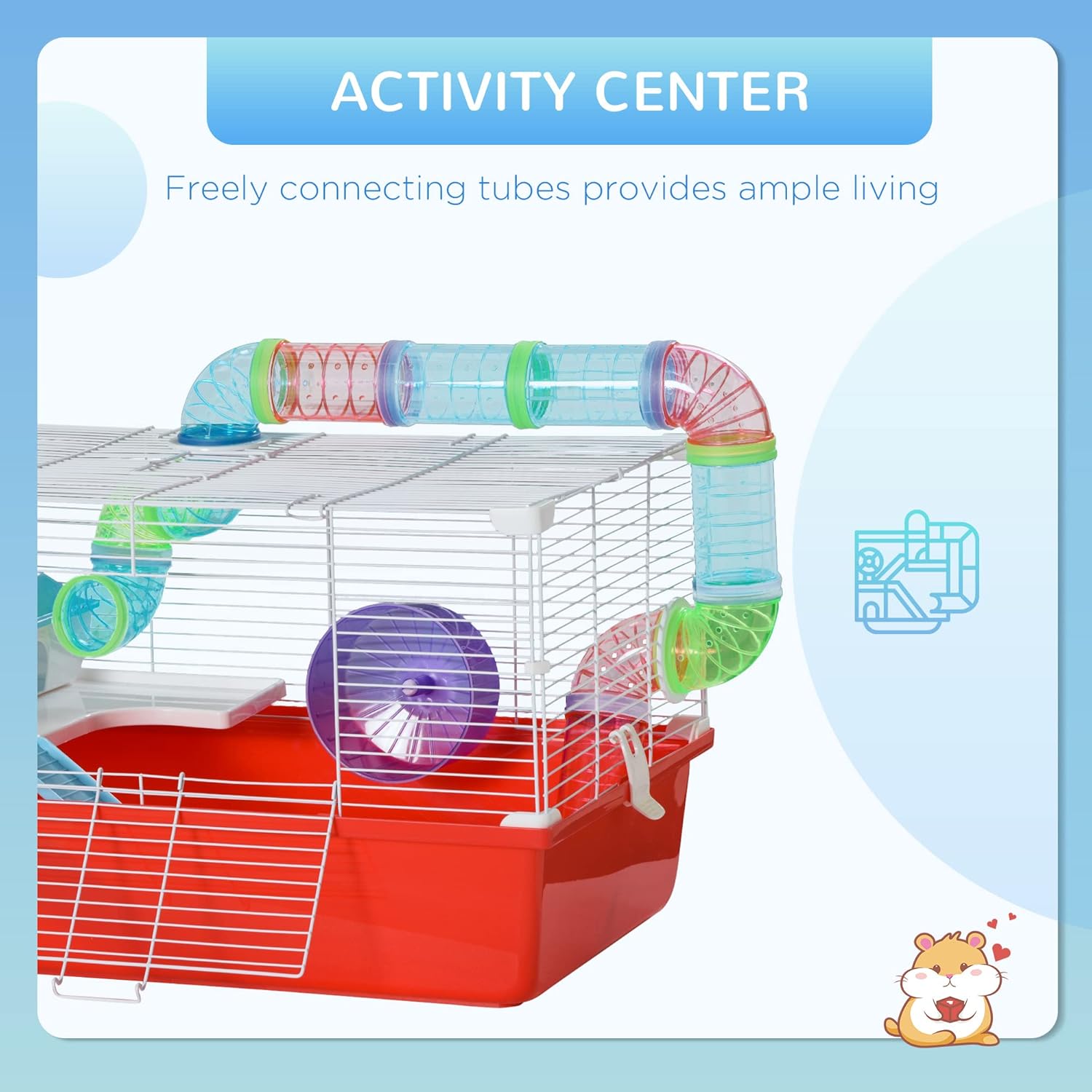 Large 2-Level Steel Hamster Cage with Tubes and Tunnels, Includes Exercise Wheel, Water Bottle, Food Dish, 23" x 14" x 14", Red I723