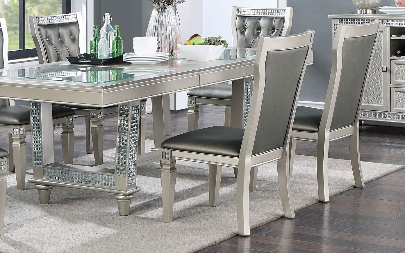 Silver Grey 7pc Dining Table with Glass Insert Top and 6 Side Chairs O88746