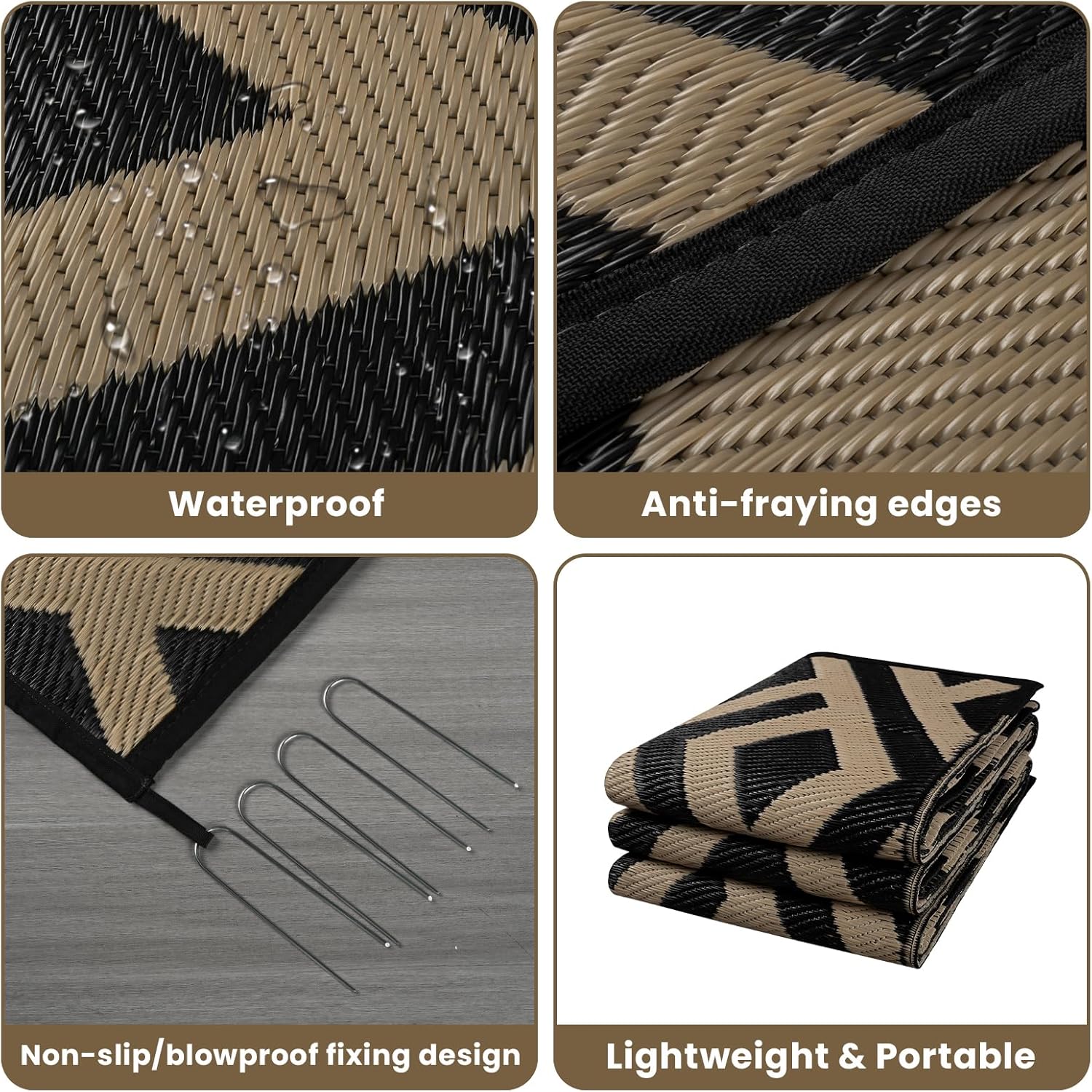 Black & Beige Outdoor Patio Rug with Carry Bag A16111