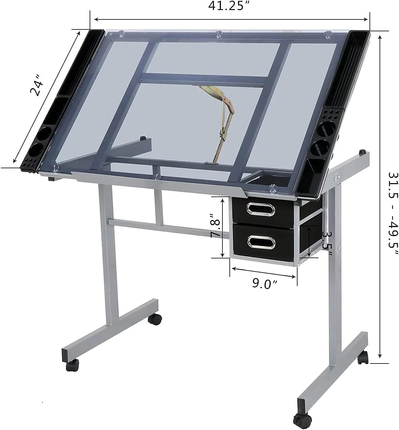 Adjustable Glass Tabletop Drawing Desk with 2 Slide Drawers and Wheels Z519611