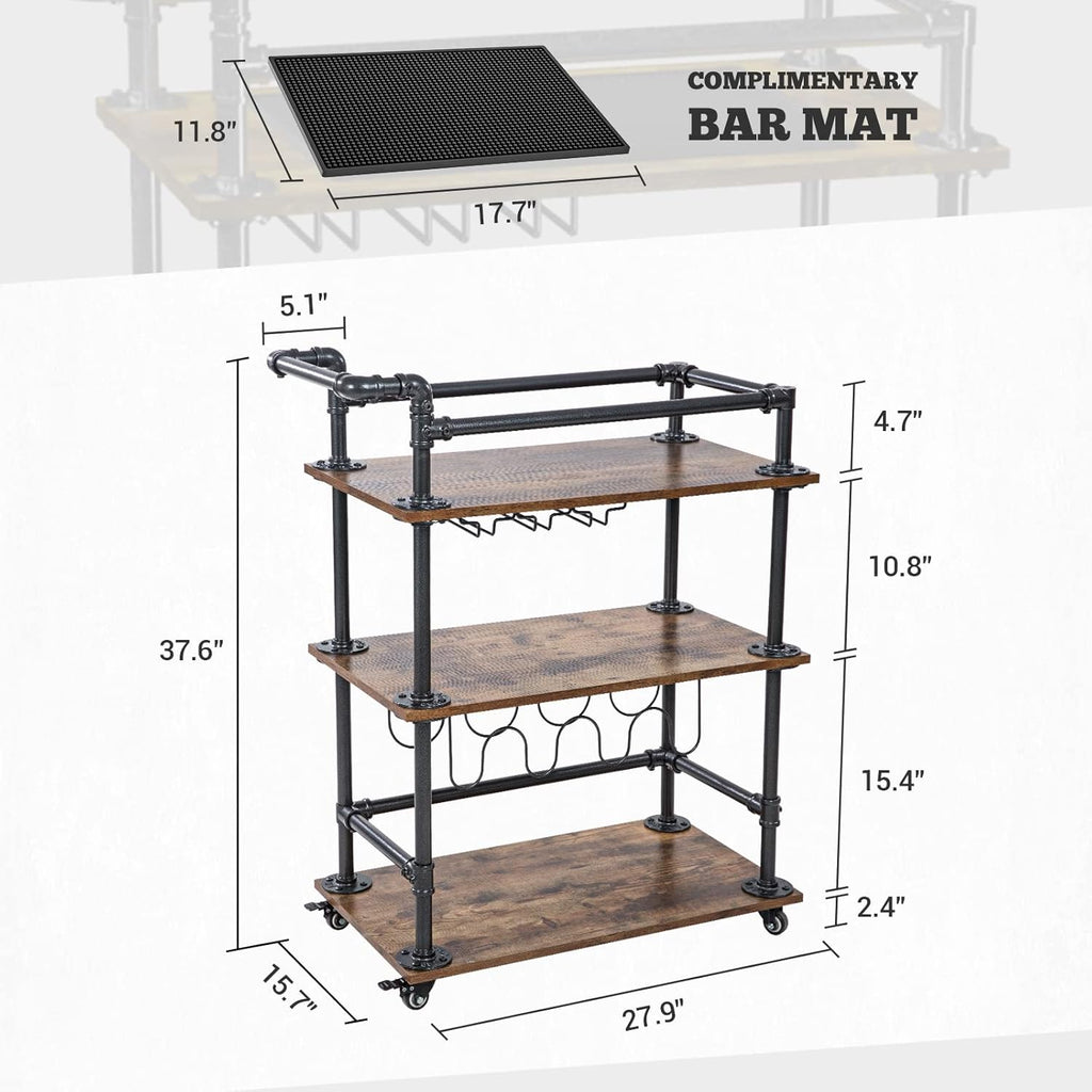 3-Tier Bar Serving Cart with Wheels and Lockable Casters T7448