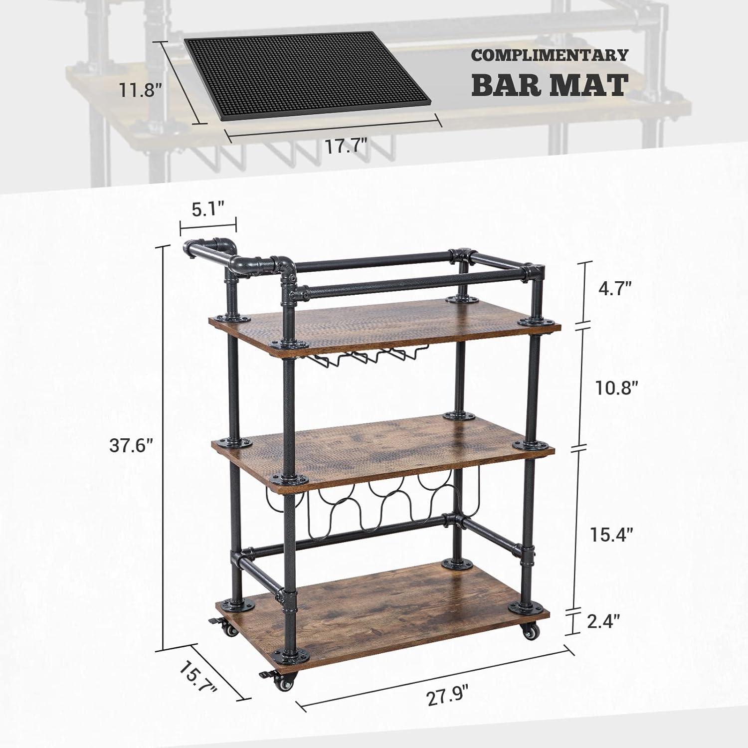 3-Tier Bar Serving Cart with Wheels and Lockable Casters T7448