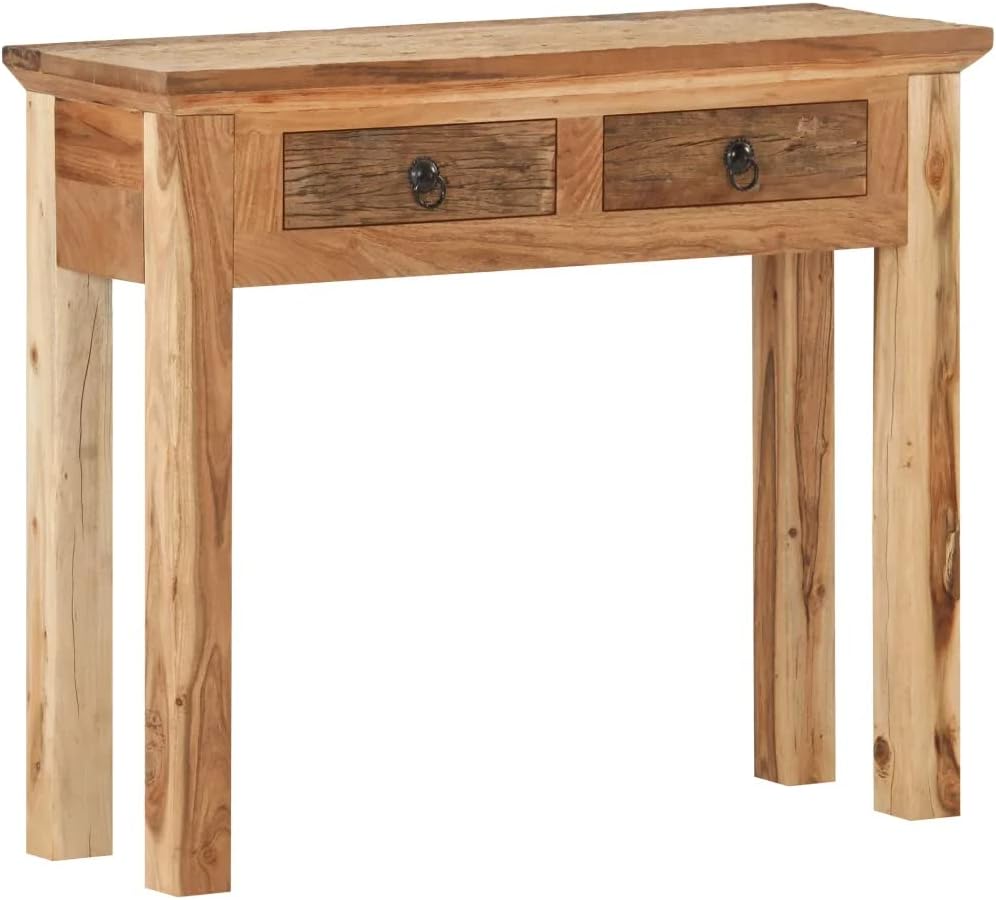 Rectangular Console Table with Solid Acacia Wood and Reclaimed Wood - Rustic Brown Hall Table with 2 Drawers - 35.6"x11.8"x29.5" C57257