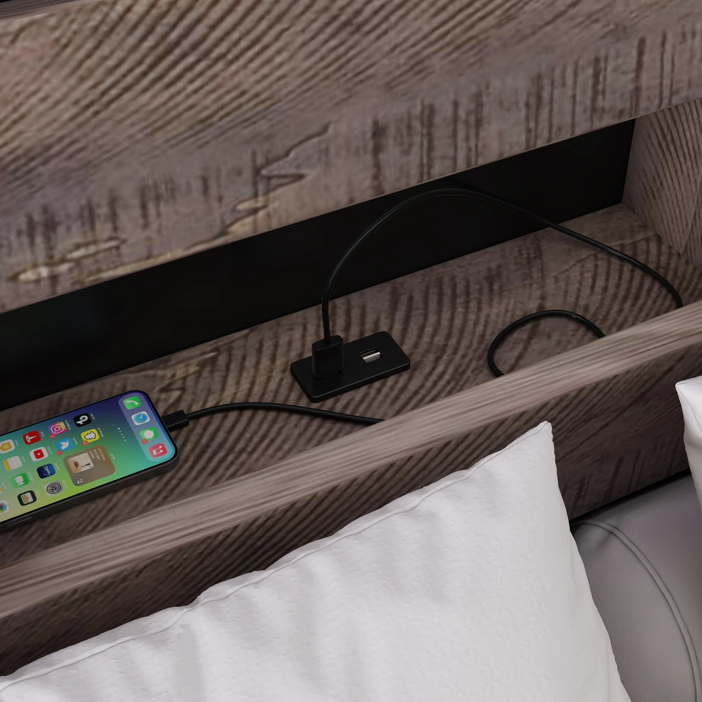 Queen Bed Frame with Bookshelf and LED Lights and Two Nightstands, Walnut and Black H12600