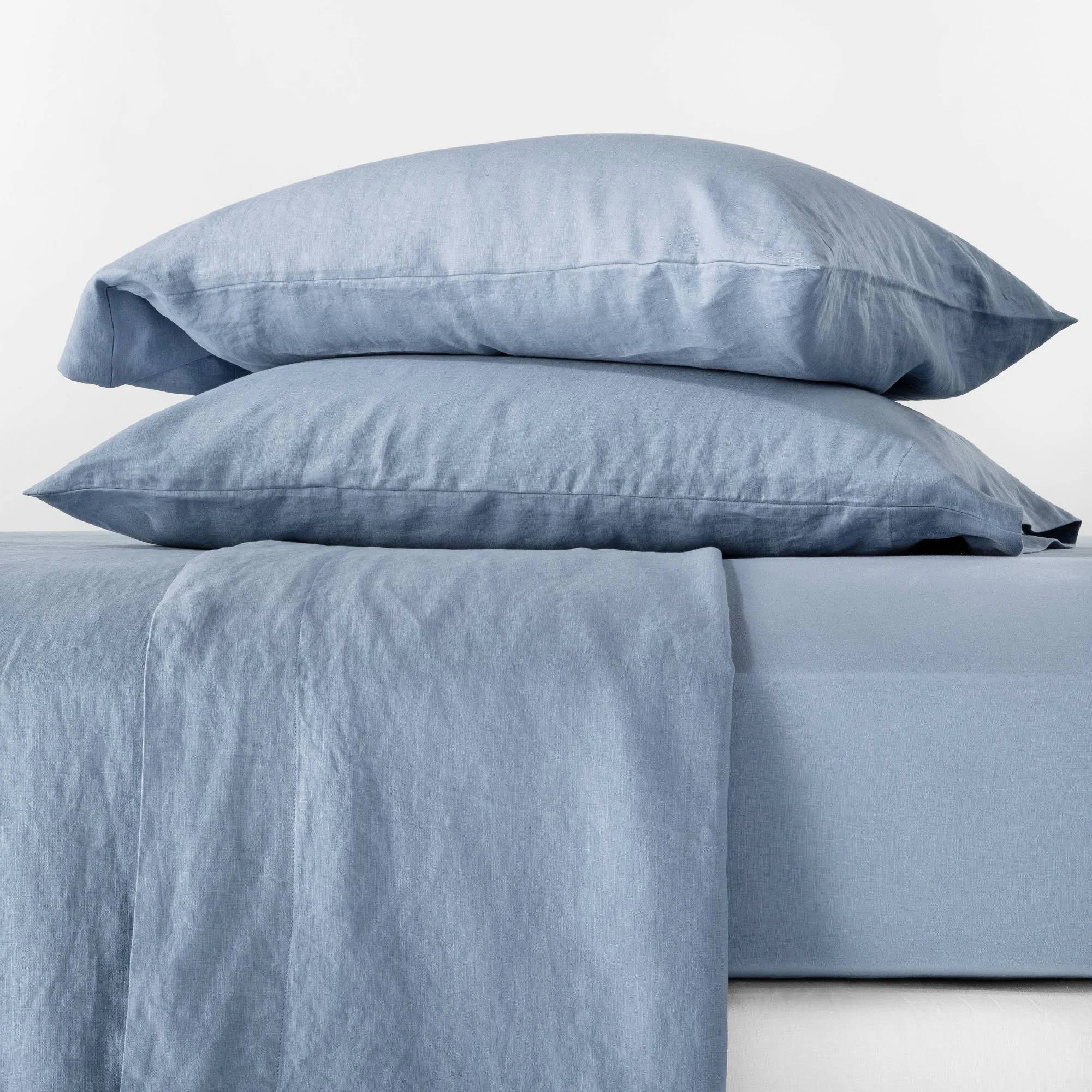 Full 100% Washed Linen Solid Sheet Set Deep Sky Blue B554585