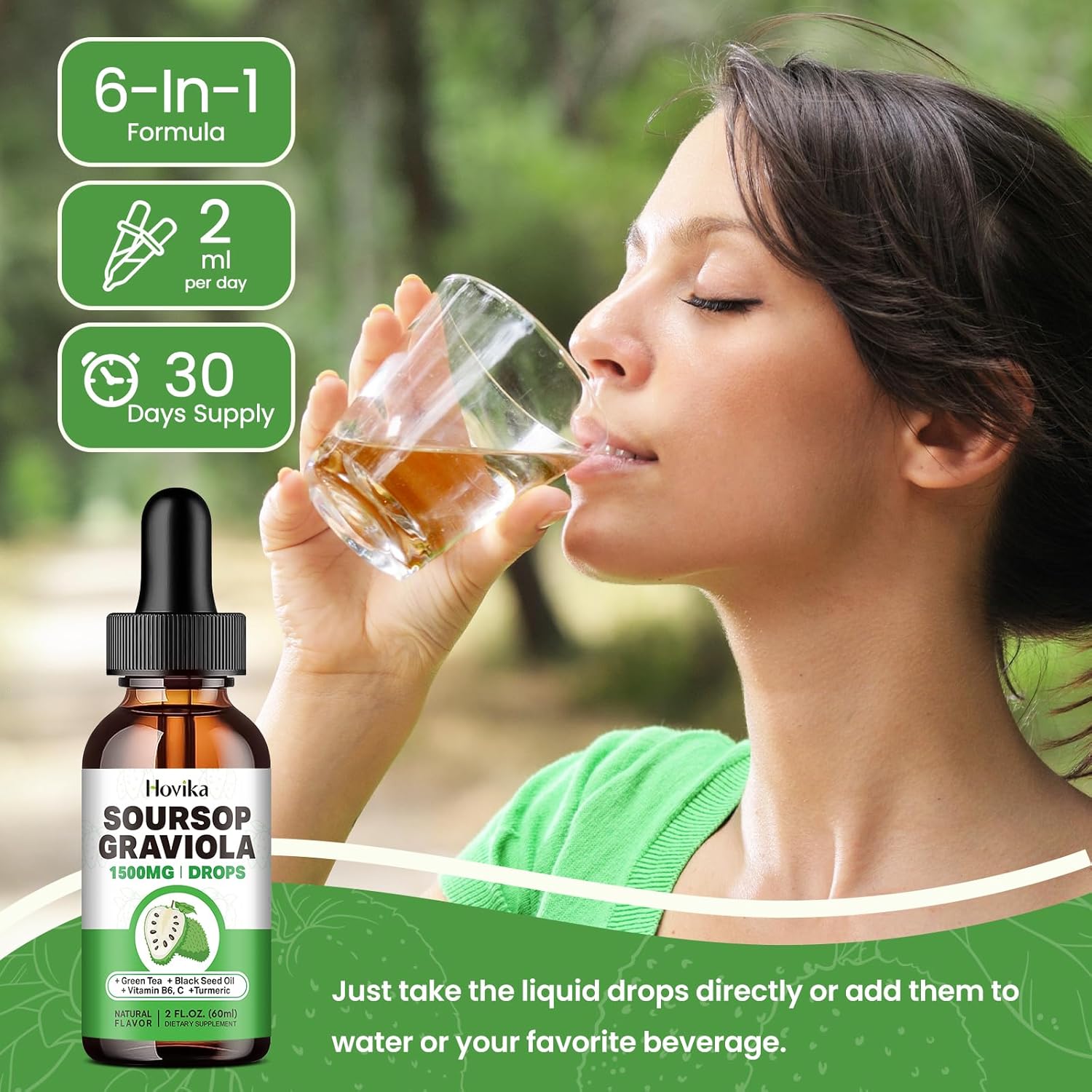 Soursop Graviola Liquid Drops 1500mg with Green Tea, Black Seed Oil, Turmeric, Natural-B Flavor 2 Fl Oz U188513