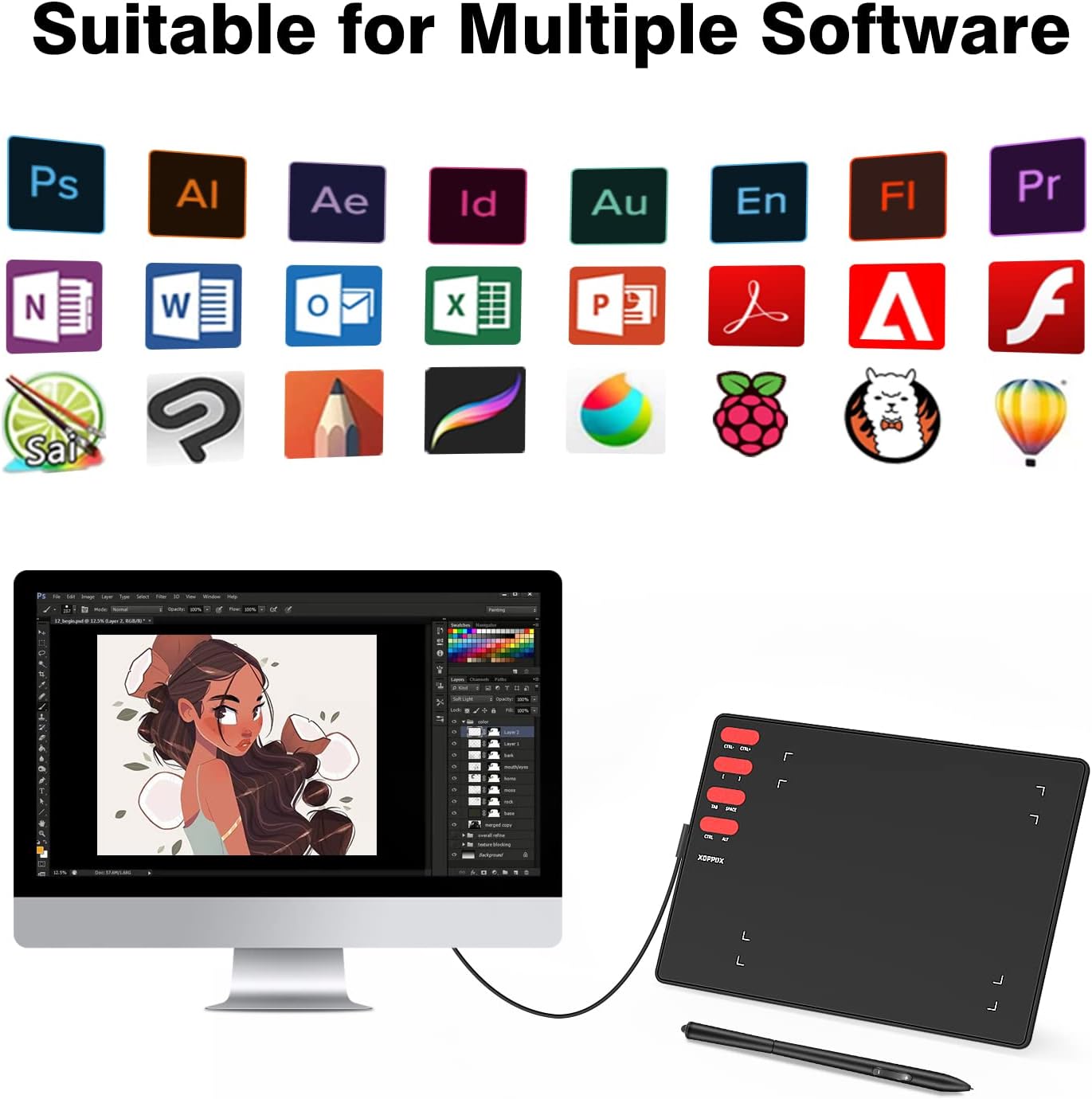 Graphics Drawing Tablet with 8 x 6 Inch Active Area, 8192 Level Battery-Free Pen and 8 Express Keys G5878