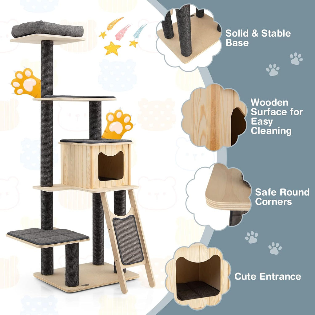 Grey Wooden Cat Tree with Sisal Posts & Scratch Board L985