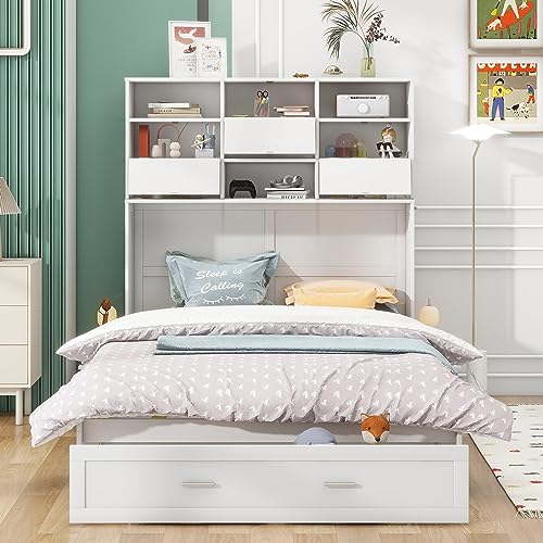 White Queen Size Murphy Bed with Bookcase and Drawer Z62488