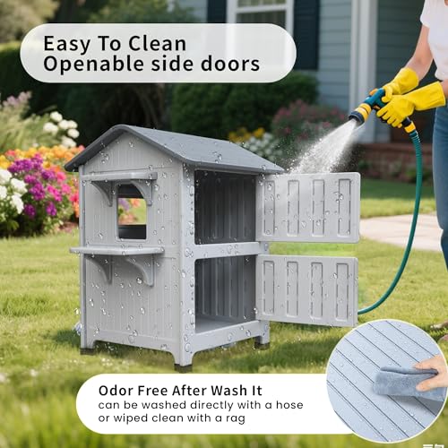 Grey Plastic 2 Story Elevated Cat Shelter with Escape Door P4525