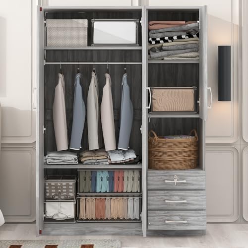 Grey 3 Door Wooden Wardrobe Closet Organizer with Drawers and Hanging Rail C2101