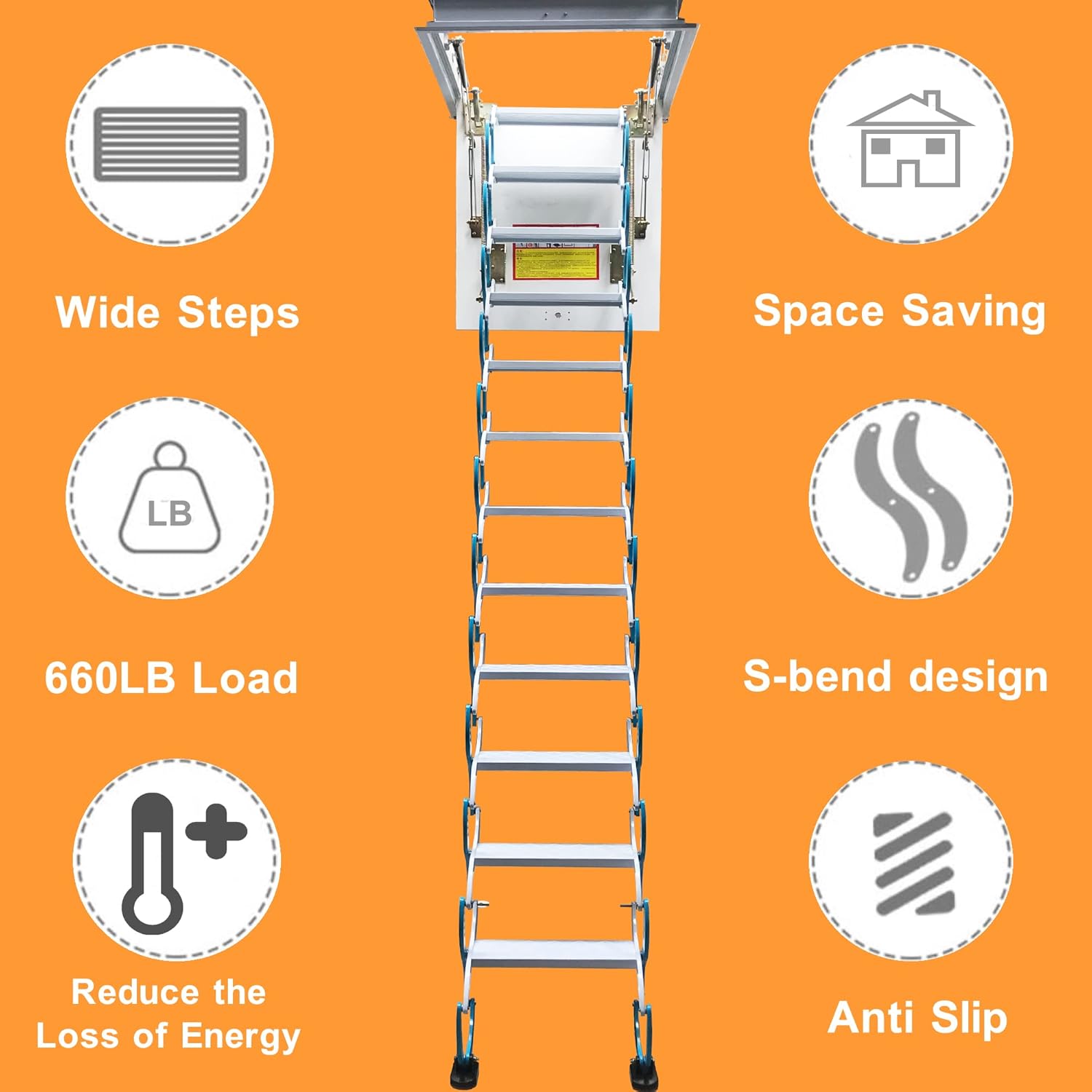 Attic Ladder 12 Steps Pull Down Folding Extension Loft Stair, Carbon Steel, 31.5 x 35.4 Inch, 9.8ft Height I7330