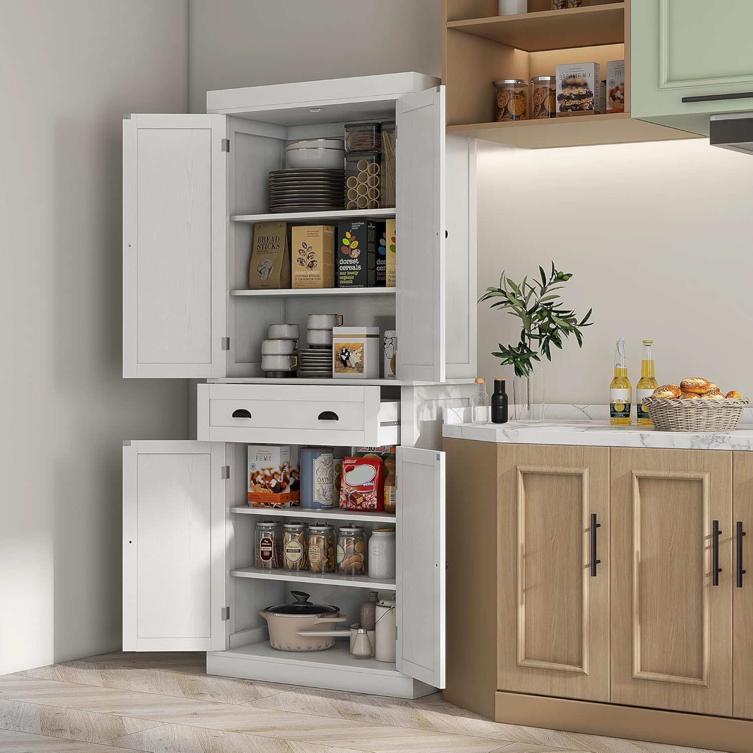 72.5" Height Kitchen Pantry Cabinet with 4 Doors, One Drawer, 3 Adjustable Shelves R262187
