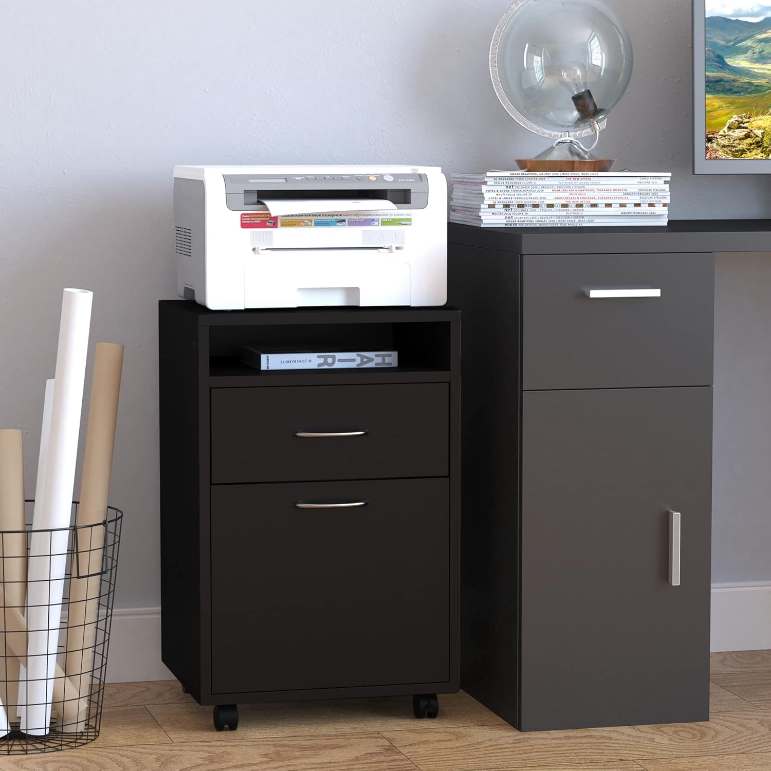 Black Mobile Storage Cabinet with Drawer and Castors X912