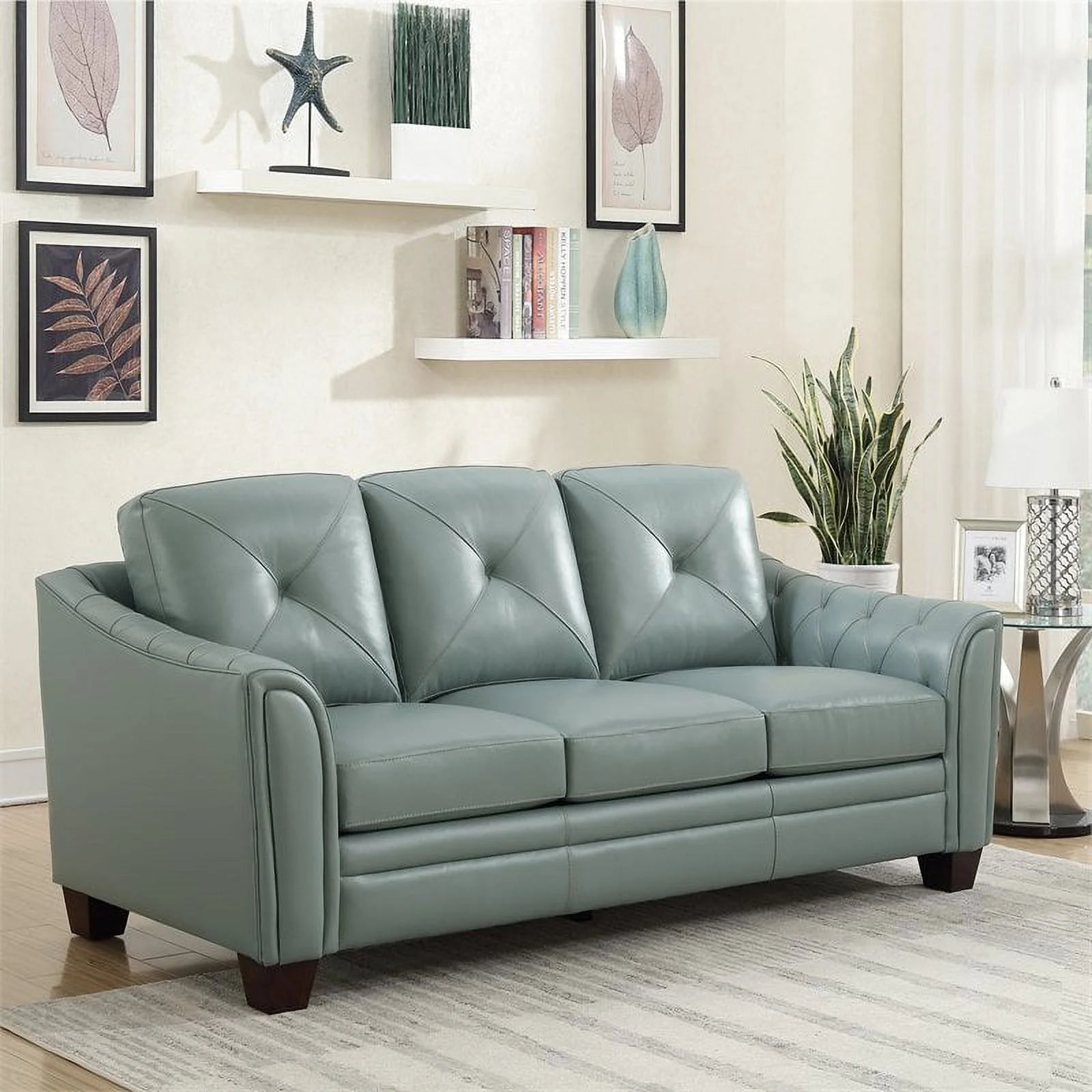 Spa Green Leather Tufted Back Sofa F193