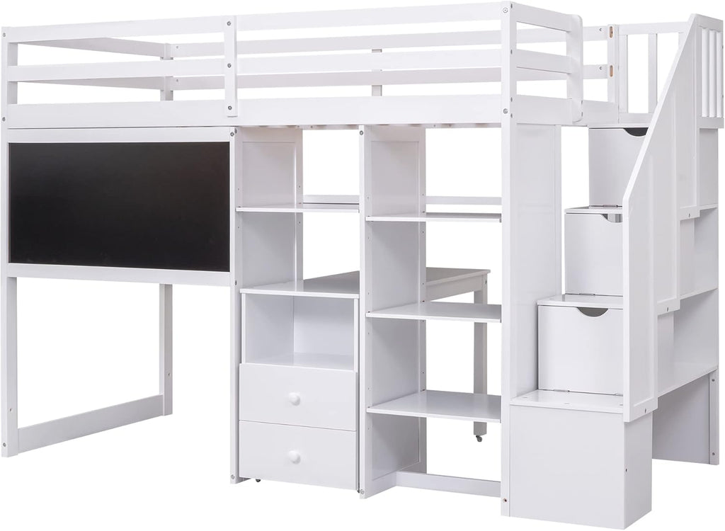 Twin Size Solid Wood Loft Bed with Stairs and Desk M3482