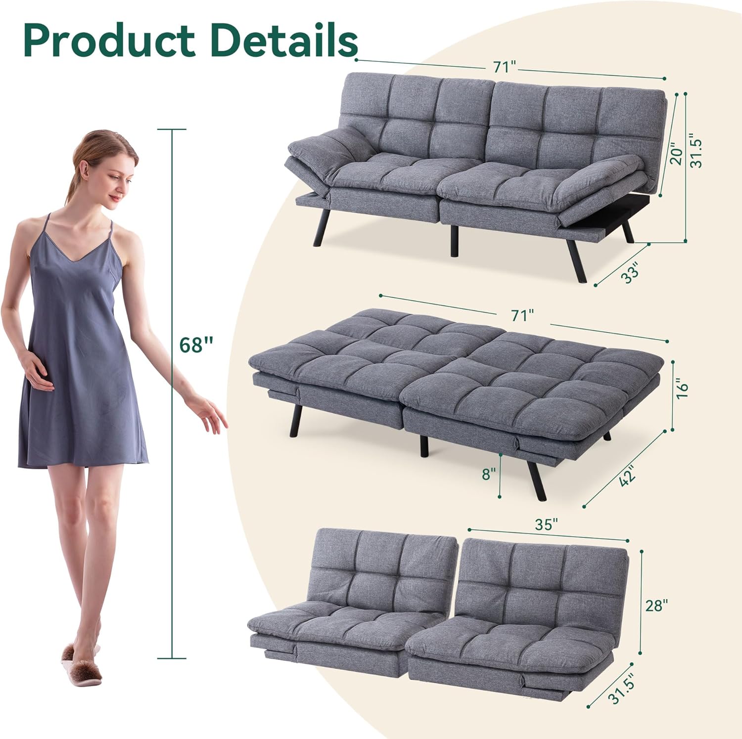 Gray Memory Foam Convertible Sofa Bed C545