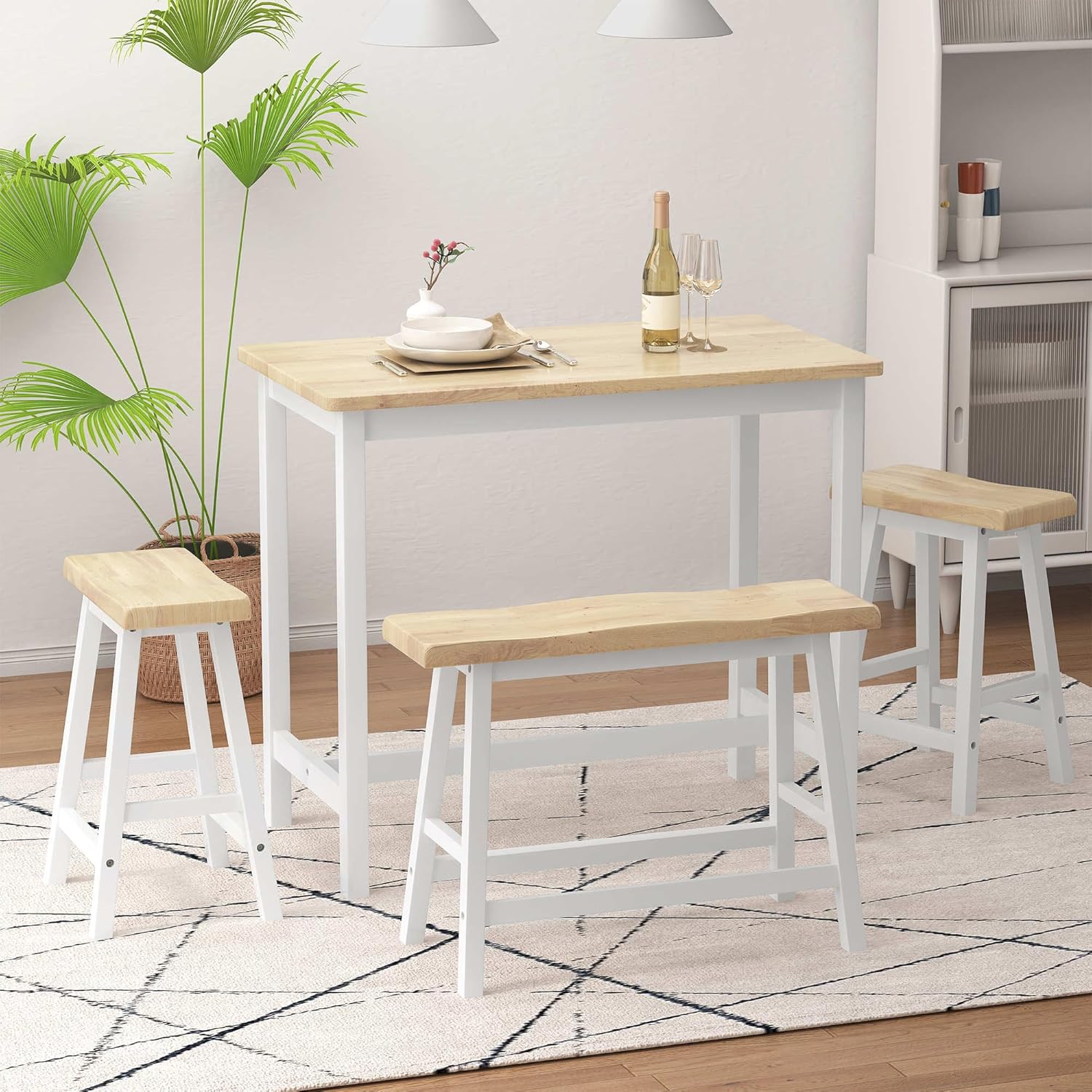 Natural Color & White Rubber Wood Bar Dining Table Set for 4 X157236