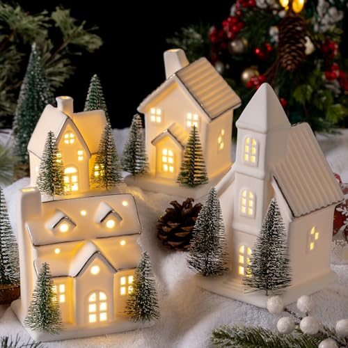 4 Pcs Ceramic Christmas Village Set LED Porcelain Houses with Trees White Snow Tabletop Decor K8007