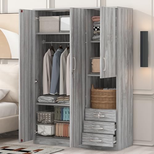 Grey 3 Door Wooden Wardrobe Closet Organizer with Drawers and Hanging Rail C2101