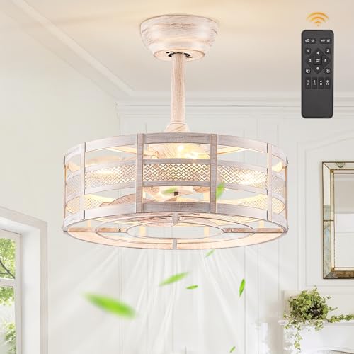 White and Gold 16in Caged Ceiling Fan with Lights and Remote U206630