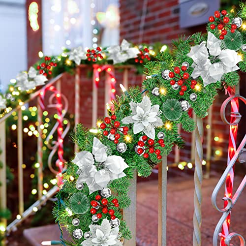 9Ft Pre-lit Christmas Garland with LED Lights Battery Operated, Decorated with Red Flower, Balls, Berries, Snowy Pine B93904
