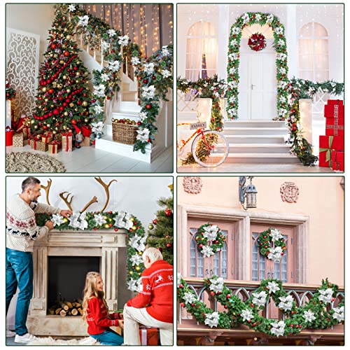 9Ft Pre-lit Christmas Garland with LED Lights Battery Operated, Decorated with Red Flower, Balls, Berries, Snowy Pine B93904
