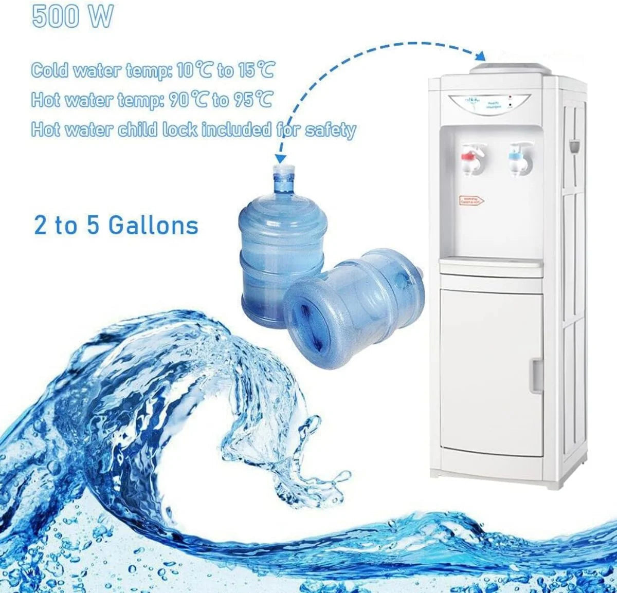 Water Cooler Dispenser, Hot & Cool Top Loading, 5 Gallons V63318
