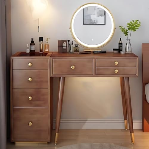 Walnut Color Solid Wood Makeup Vanity Desk with Mirror and LED Lights G60609