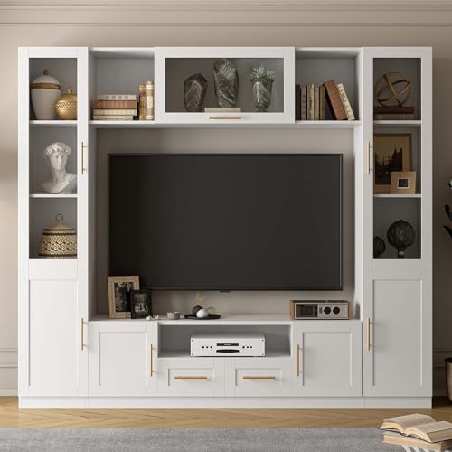 White TV Stand with Glass Doors & Shelves D87077