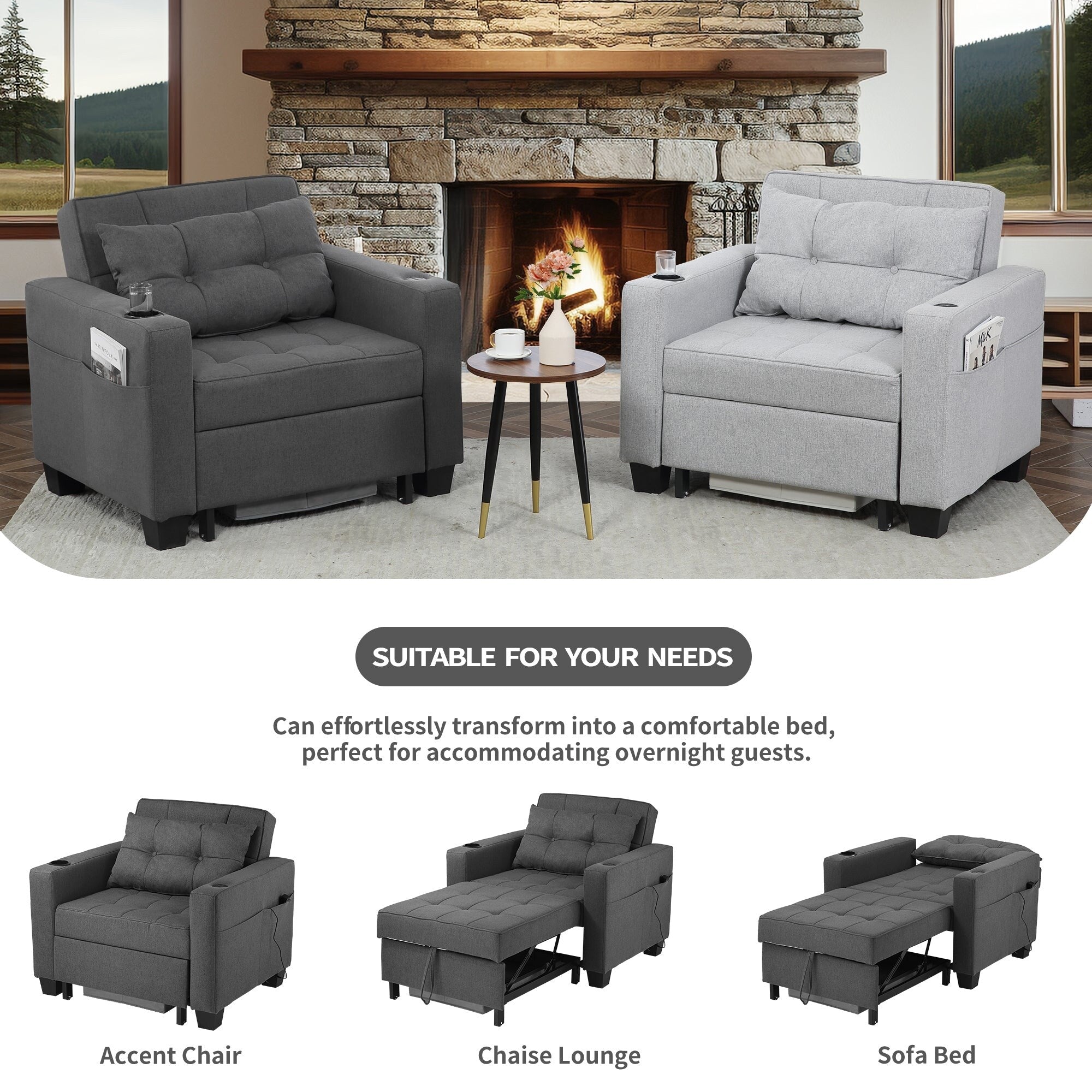 Dark Gray Linen Futon Chair Bed S5445