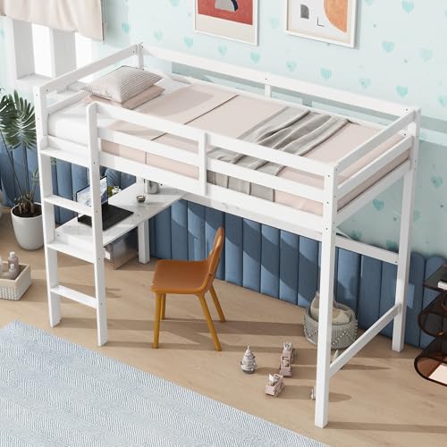 Twin Size Solid Wood Loft Bed Frame with Ladder and Safety Guardrail (White) P903