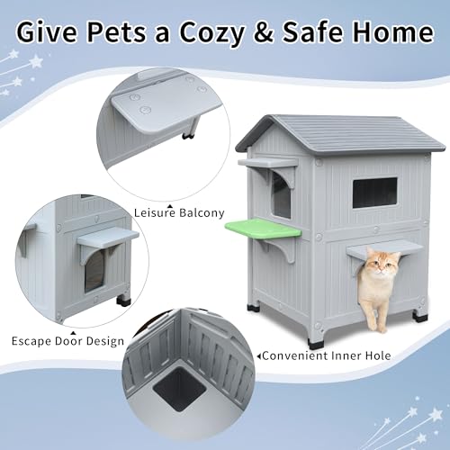 Grey Plastic 2 Story Elevated Cat Shelter with Escape Door P4525