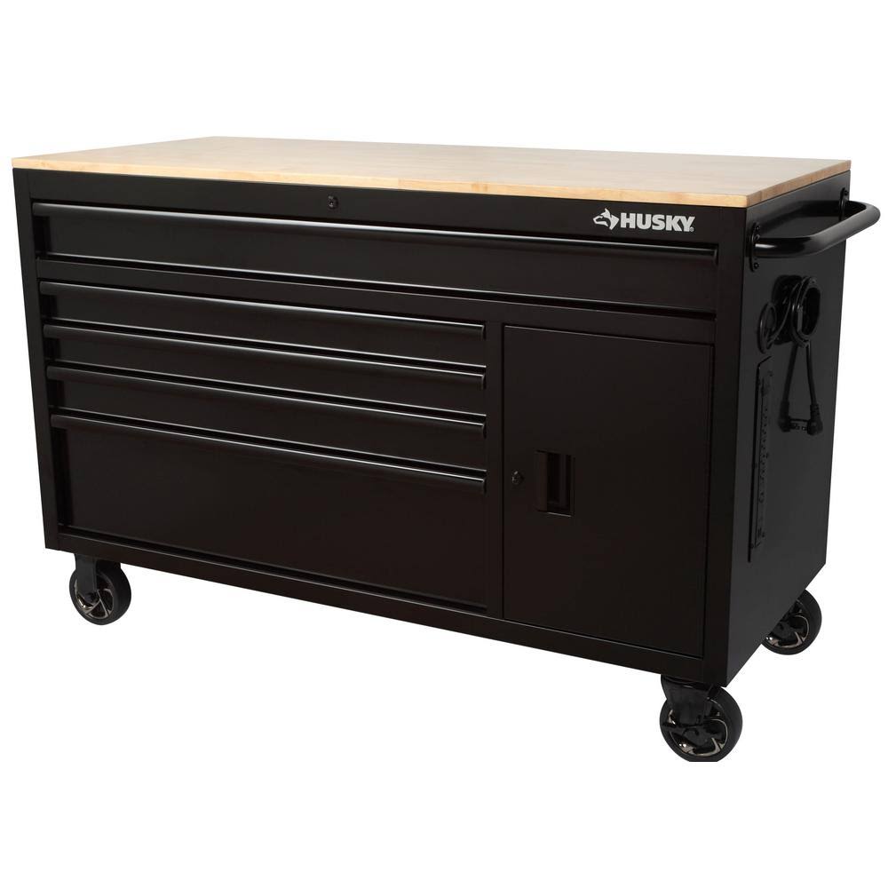 56 in. W 5-Drawer 1-Door Deep Tool Chest Mobile Workbench in Gloss Black with Hardwood Top J69995